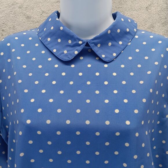 Forever 21 Womens Size M Blue Polka Dot Short Sleeve Peter Pan Collar Blouse Top - Picture 8 of 10